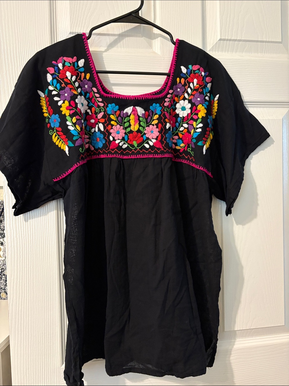 Black Embroidered Floral Peasant Top - Brand Unknown